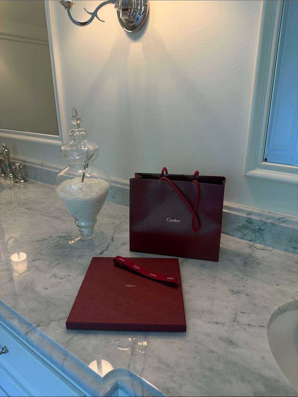 Cartier burgundy gift bag and box with ribbon